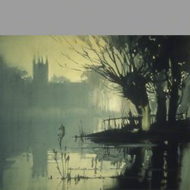 Misty River Creek. Atmospheric print in water colour. Willow trees and a church in the background.
