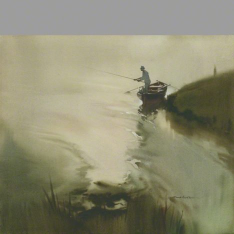 River scene in which an angler is shown casting his line from a fishing boat.