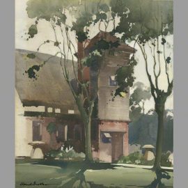 The back lawn at Dean Cottage. A water colour by Claude Buckle