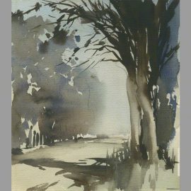 Water colour of trees and lane