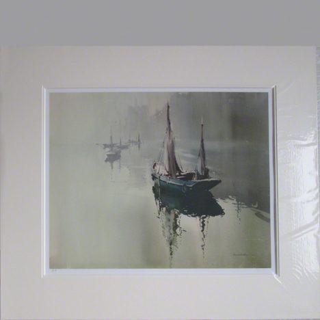 Mounted Print. Misty Creek an atmospheric scene of a sailing boat on an estuary with outlines of trees and other boats in the background.